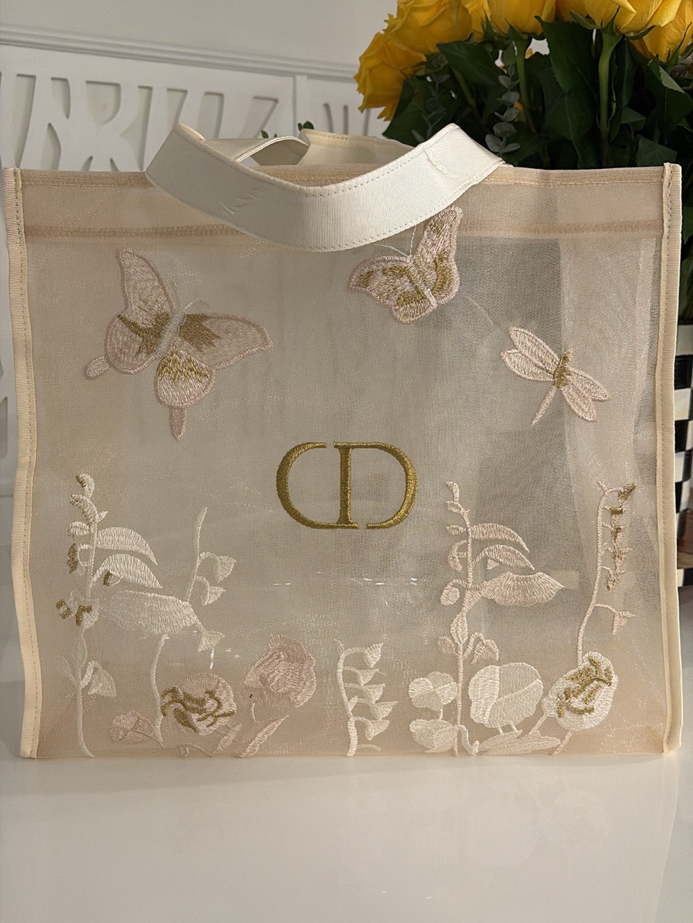 Embroidered Sheer Tote Bag in Cream - Picture 2 of 3